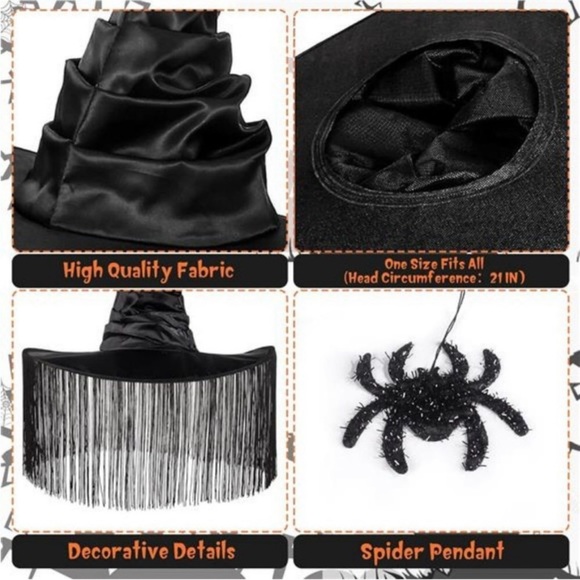 Black Halloween Witch Hat Fringe Tassel Spider Halloween Costume Party Decor - Picture 4 of 7